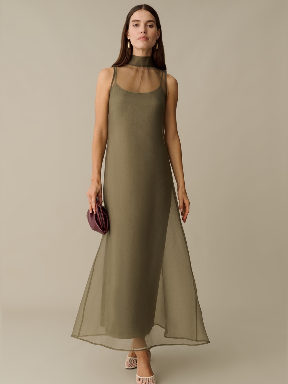 CAARA Size XS Olive Green High Neck  Sheer Maxi Alette Dress